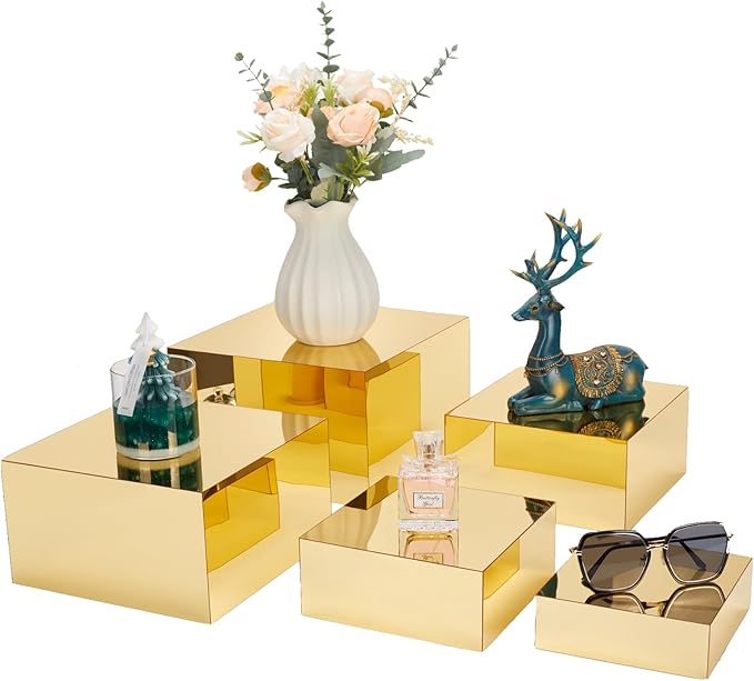 Acrylic Risers for Display 5 Pcs, Food Risers for Party Gold Cube Boxes Display Stands for Jewelry Bag Cosmetics Catering Dessert Collectibles