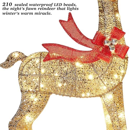 58 Inch 3D Gold Large Lighted Christmas Deer Decorations 3-Piece Outdoor Holiday Decorations Reindeer Set with 210 Warm White LEDs, Large Yard Display for Garden, Storefront