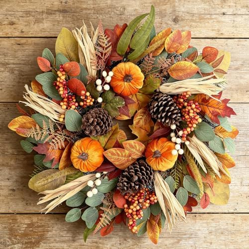 26 Inch Fall Wreaths for Front Door, Autumn Harvest Wreath, Large Autumn Wreath with Pumpkin, Pinecones and Berries, Fall Wreath for Thanksgiving & Harvest Fall Door Decor