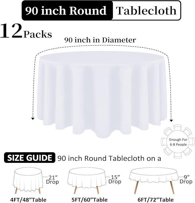 12 Pack White Round Tablecloth 90 Inch White Table Cloth Stain and Wrinkle Resistant Round White Tablecloths Reusable and Washable Polyester Fabric Table Covers for Buffet Wedding Party and Banquet