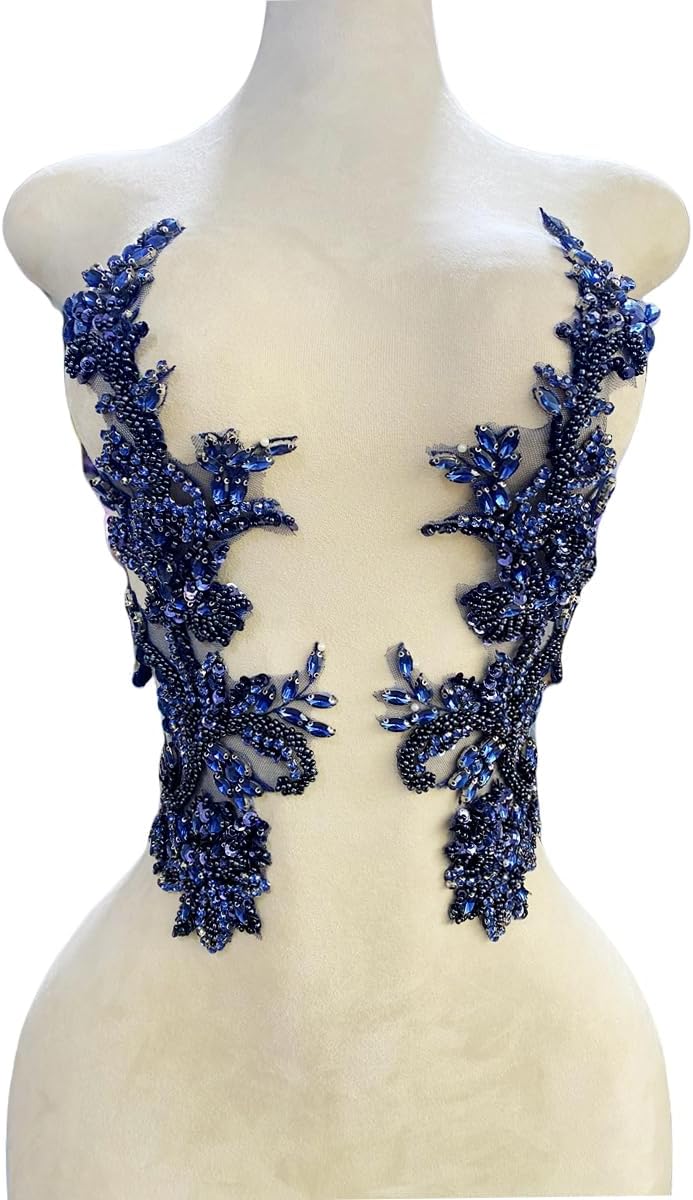 Handmade Rhinestones Bodice lace Applique handsewing Beads Sequins Trim Patch...