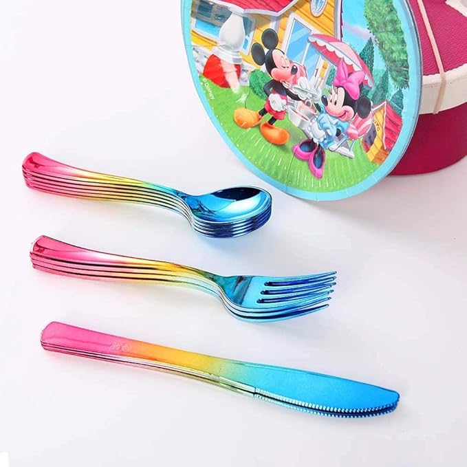 Supernal 120pcs Rainbow Plastic Silverware Set Colorful Party Utensils Blue Pink Gold Plastic Silverware Include 40 Rainbow Forks, 40 Gold Knives and 40 Blue Spoons for Trolls Party