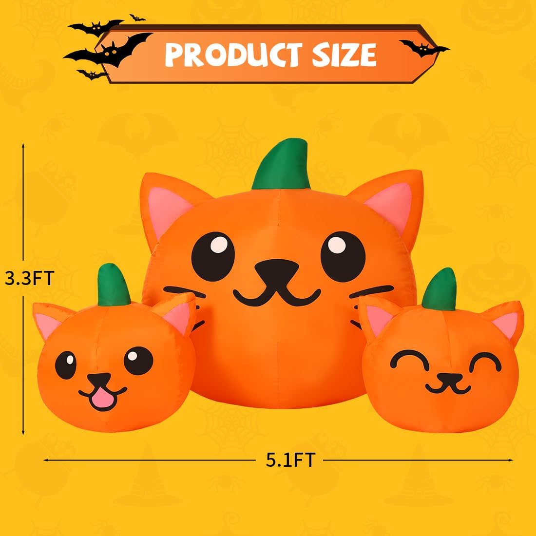comin halloween inflatable 5ft long three pumpkin cat showing dimensions