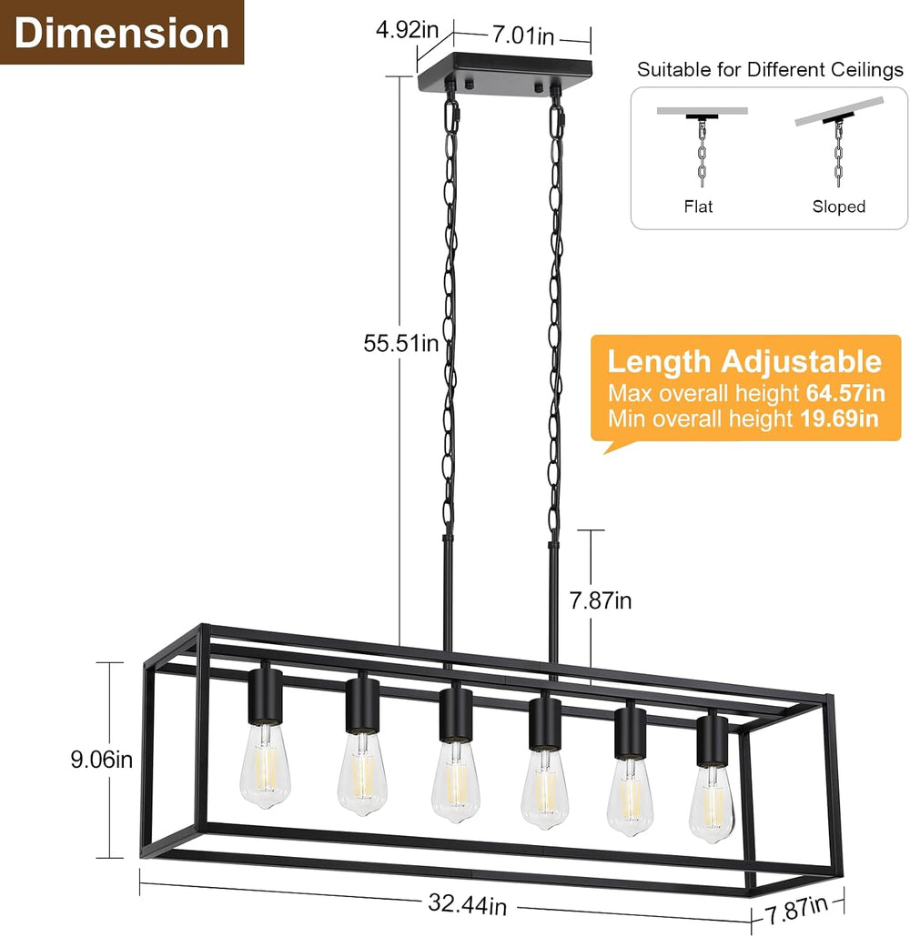 6 Light Black Chandeliers for Dining Room, Adjustable Height Linear Chandelie...