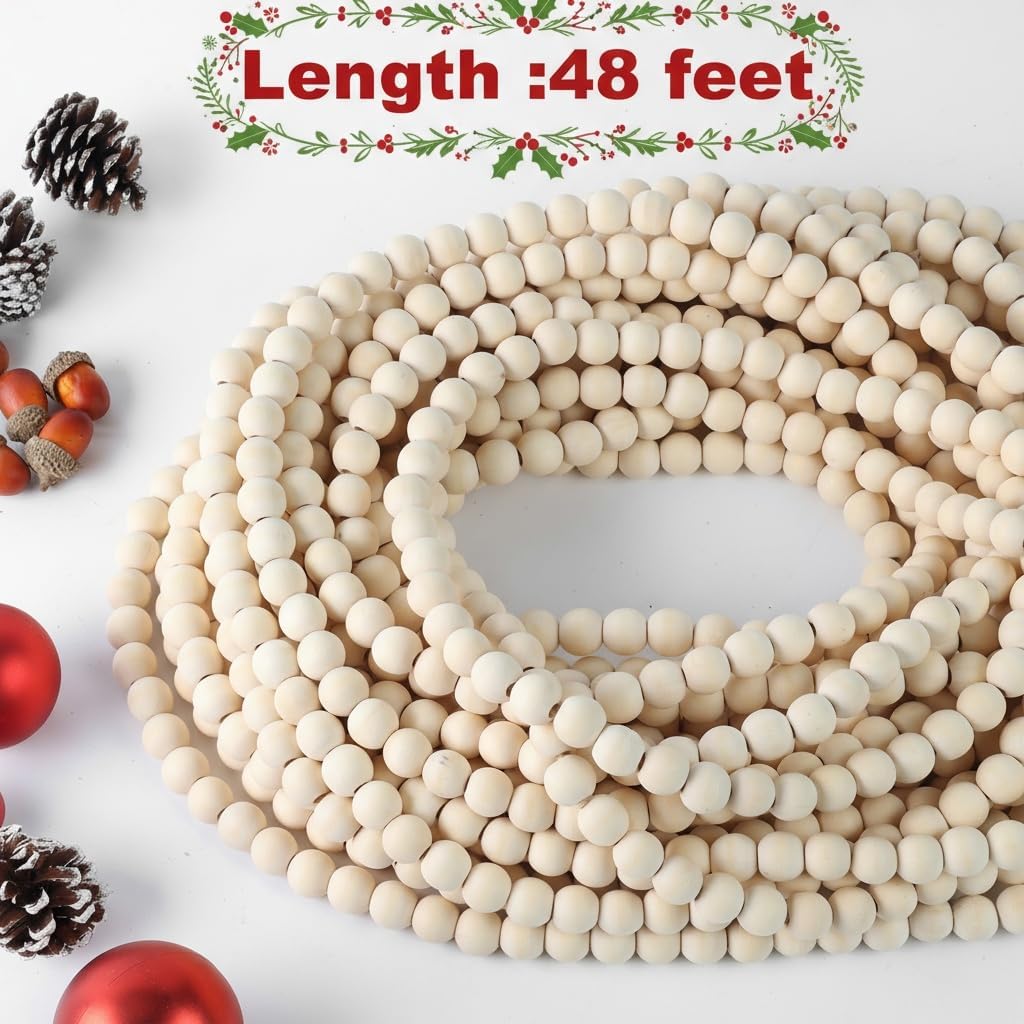 48ft extra long christmas wood bead garland for shown in use