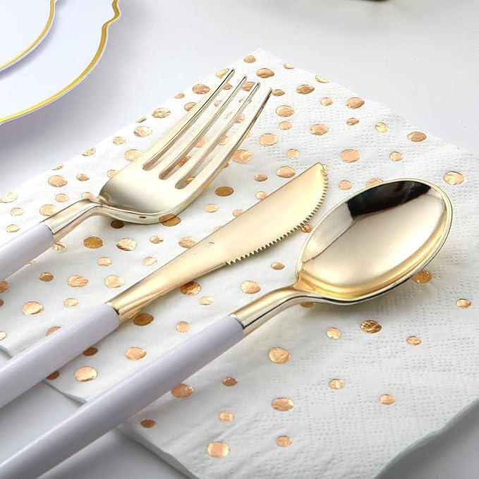 I00000 144Pcs Gold Plastic Silverware, Gold Plastic Utensils Set,Disposable Utensils Heavy Duty,Disposable Silverware Set Includes 48 Forks,48 Knives,48 Spoons for Party & Wedding