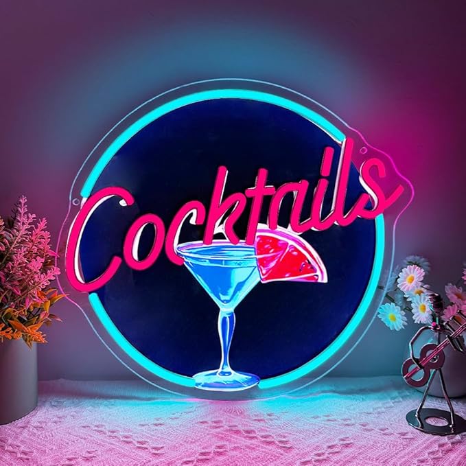 Cocktails Neon Signs for Wall Decor,UV Print Cocktails Glass LED Neon Light Up Sign for Beer Bar Art Wall Lights,Bar Party,Pub,Night Club,Man Cave Decor,Adjustable Brightness
