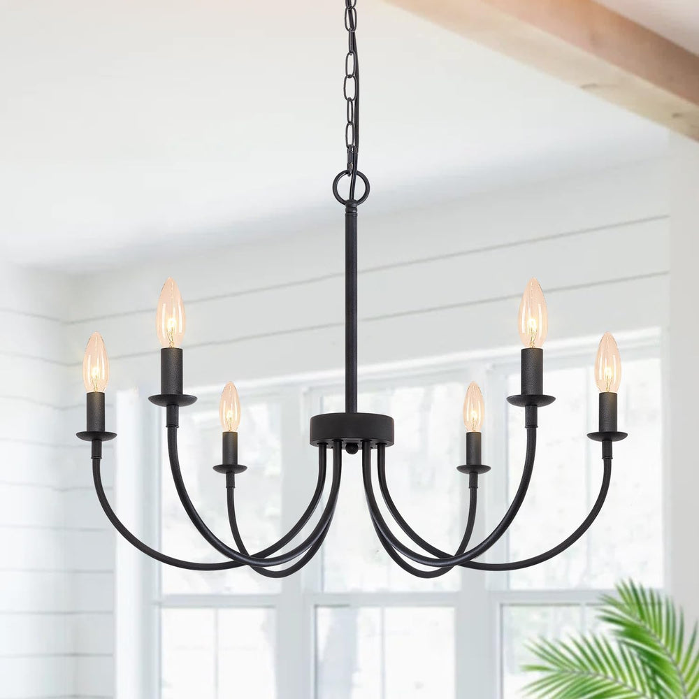 6 Light Black Farmhouse Chandelier, 26" Dining Room Light Fixtures