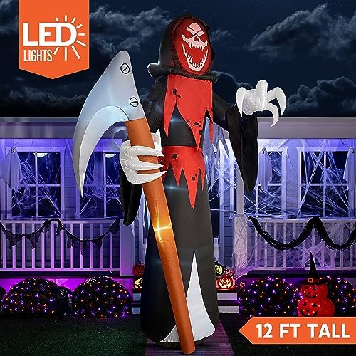 Joiedomi 12 ft Tall Halloween Inflatable Outdoor Decoration, Blow Up Yard Decorations, Grim Reaper Halloween Decor Inflatables with LED for Scary Outside Decor