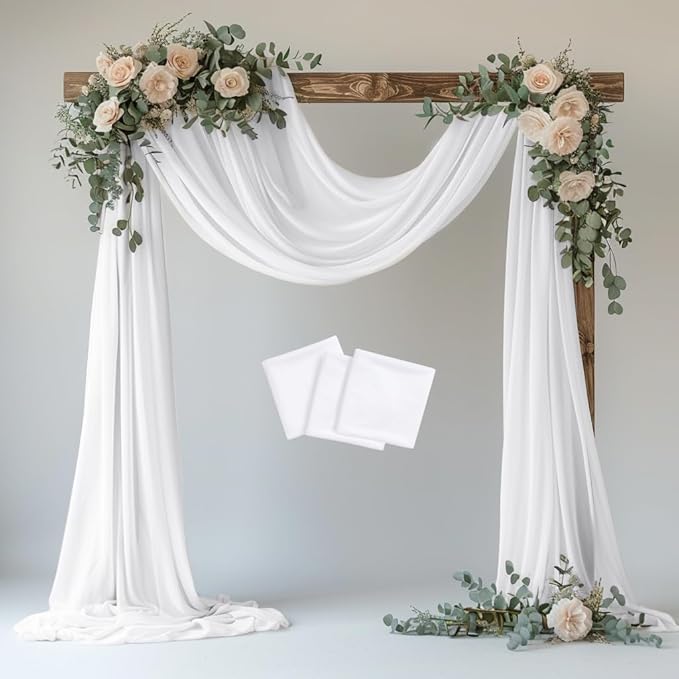 Wedding Arch Draping Fabric 3 Panels 28.7" x 20FT White Sheer Chiffon Backdrop Drapes for Wedding Ceremony Birthday Party Bridal Shower Outdoor Decoration