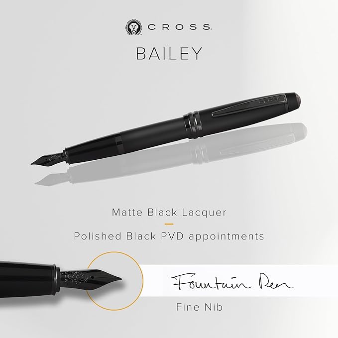 Cross Bailey Refillable Fountain Presented in a Premium Gift Box - Medium Point, Black Ink, Matte Black