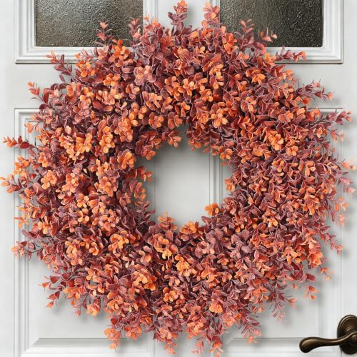 24" Artificial Fall Boxwood Wreath for Front Door Decoration (Deep Orange)