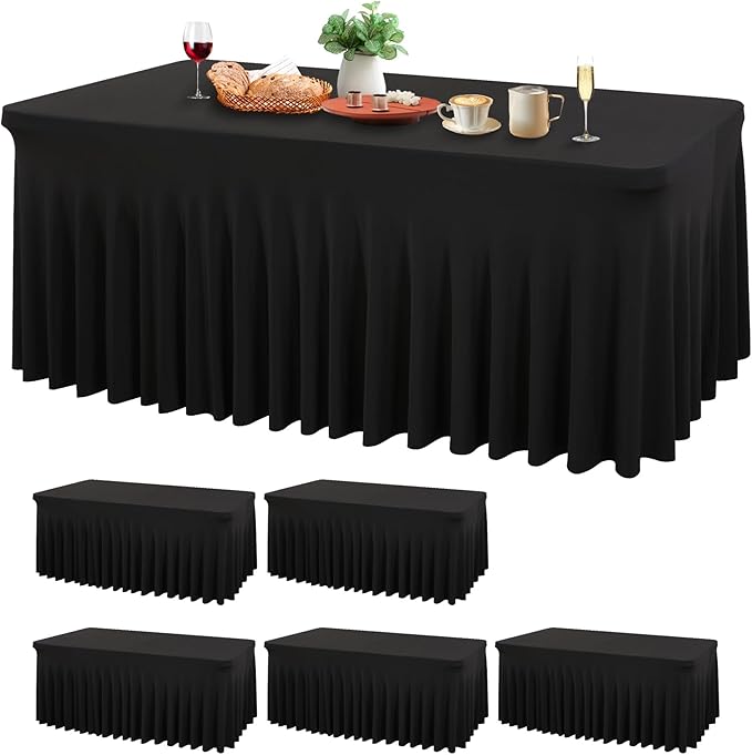 Wish Care 6 Pack Black Spandex Table Cloths for Rectangle Tables 4ft - One-Piece Wrinkle Free Fitted Table Cover 4 Foot Table Stretch Tablecloths for Party, Banquet, Wedding and Events