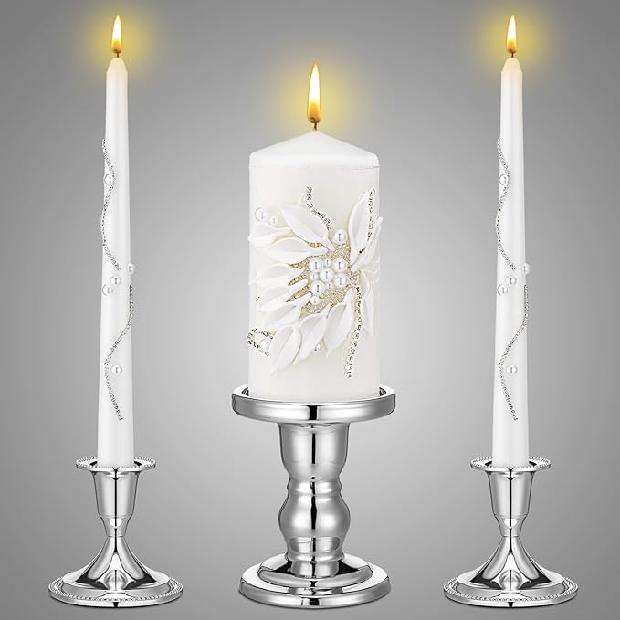 Irenare Unity Candles with Holder for Wedding Ceremony Wedding Decortions Accessories Glass Candle Holder Pillar Candle for Formal Events Church(Silver)
