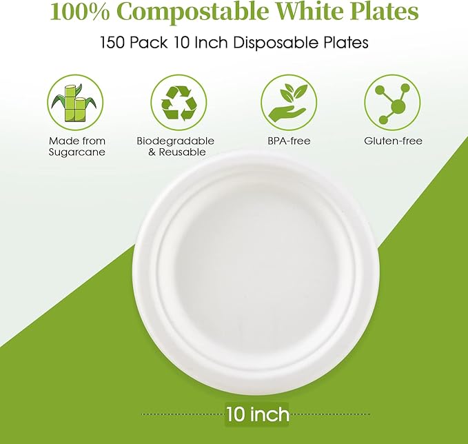 ECOLipak 100% Compostable 10 Inch Heavy Duty Paper Plates, 150 Pack Disposable Biodegradable Eco-friendly Sugarcane Bagasse Plates for Dinner Party(White)