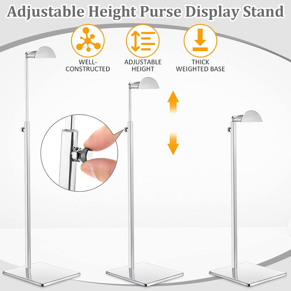 Maitys 4 Pack Purse Display Stands Stainless Steel Adjustable Height Bags Display Holder for Home Store Boutique Counter (Silver)