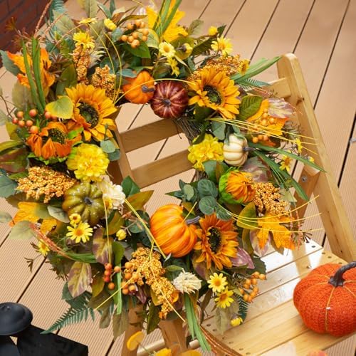 24 Inch Fall Wreaths for Front Door Outside with Sunflowers,Pumpkins,Leaves