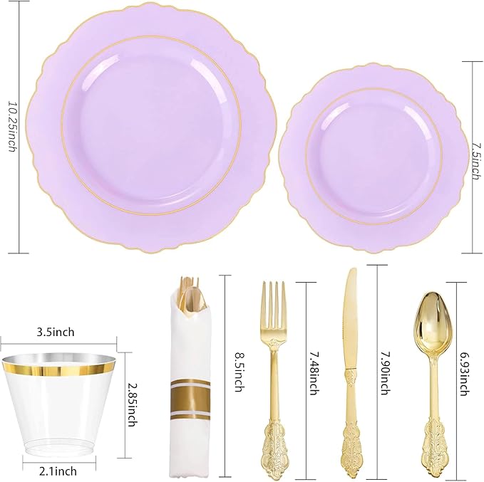 Liacere 350PCS Purple Plastic Plates - Disposable Light Purple and Gold Plates 50guest Baroque Plastic Dinnerware include 100Plates, 50Pack Pre Rolled Napkins with Silverware 50Cups for Mother's Day