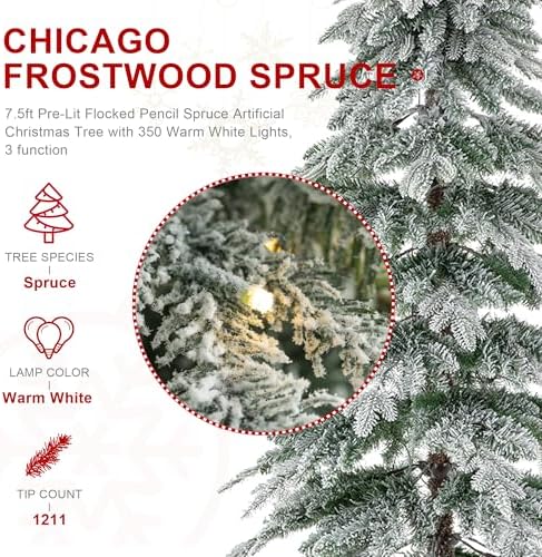 Glitzhome 7.5ft Artificial Christmas Tree, Pre-Lit Flocked Pencil Christmas Tree Chicago Frostwood Spruce with 350 Warm White Lights Home, Office, Holiday Decoration