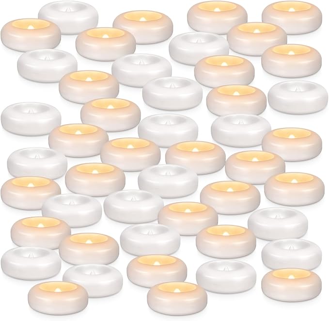 Set of 48 Waterproof Flameless Floating Tealights, 120+ Hour Warm White Battery Flickering LED Tea Lights Candles - Wedding, Party, Centerpiece, Pool & SPA.