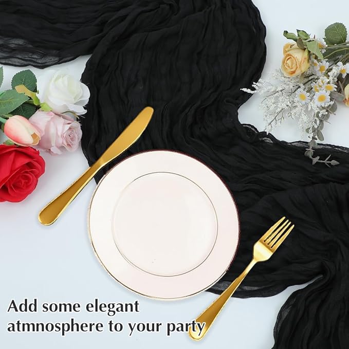 10 Pack Black Cheesecloth Table Runner -21*120Inch Long Boho Wedding Table Decor, Rustic Gauze Fabric Runner for Bridal Showers, Baby Showers & Parties (Sheer, Lightweight, Wrinkled Design)