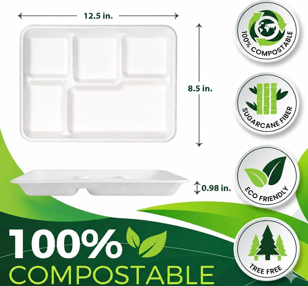 large 5-compartment plate disposable(12.5"x8.5"), 100 plates, disposable paper, close-up detail