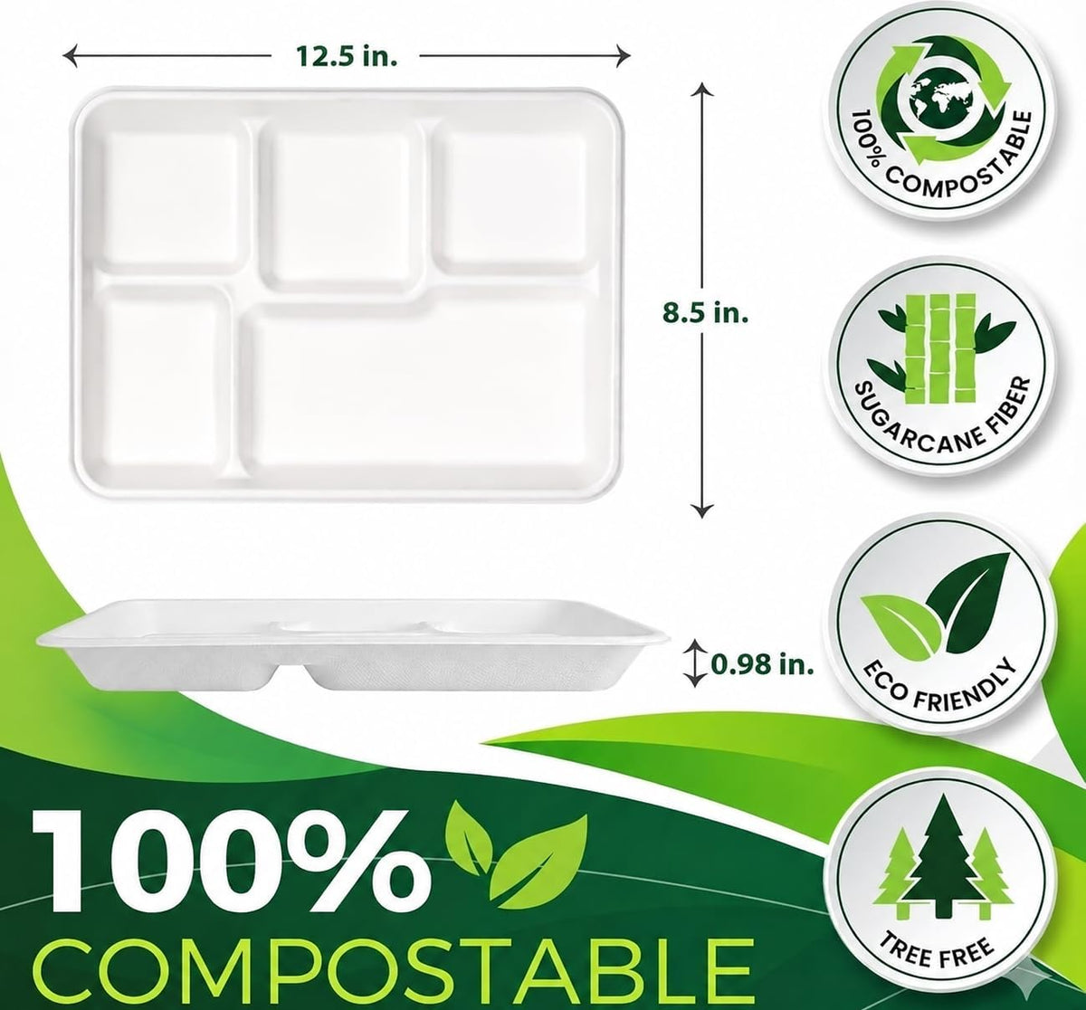 large 5-compartment plate disposable(12.5"x8.5"), 100 plates, disposable paper, close-up detail