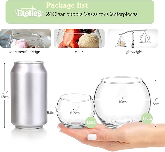 24 Pack Glass Bubble Vases,Small flower bud vases bulk,4"W x3"H Set of 12 Pcs Clear Bowl Vase,2.6"W x2.2"H Set of 12 Pcs Round Candle Holders,Mini Globe Vase Centerpiece for Wedding Party,Home Decor