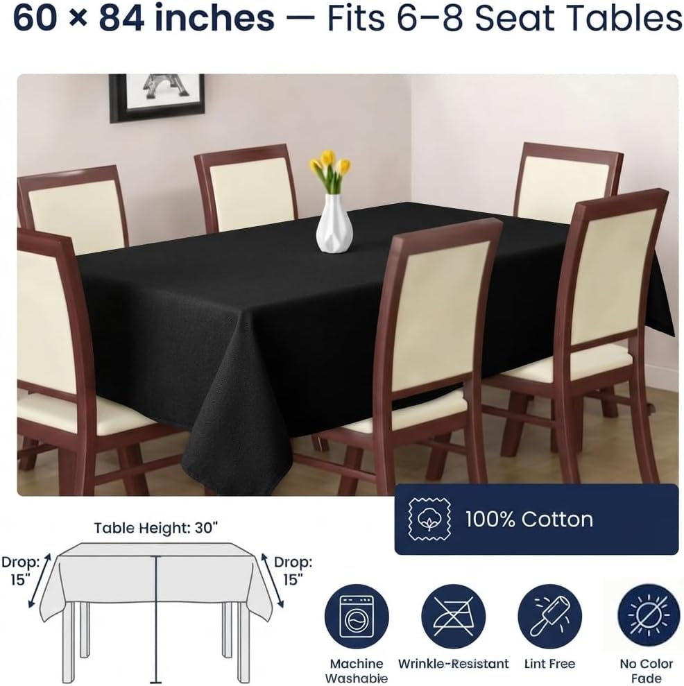 Urban Villa Halloween Black Tablecloth 60 x 84 Inch Rectangle, 100% Cotton Wa...