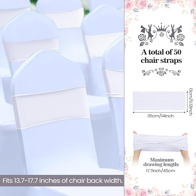 Kinlop 50 Pcs Spandex Chair Sashes Bows Chair Bands Slider Sashes for Covers Elastic Bands Ties Without Buckle Decorations for Wedding Party Events Ceremony Birthday(White)