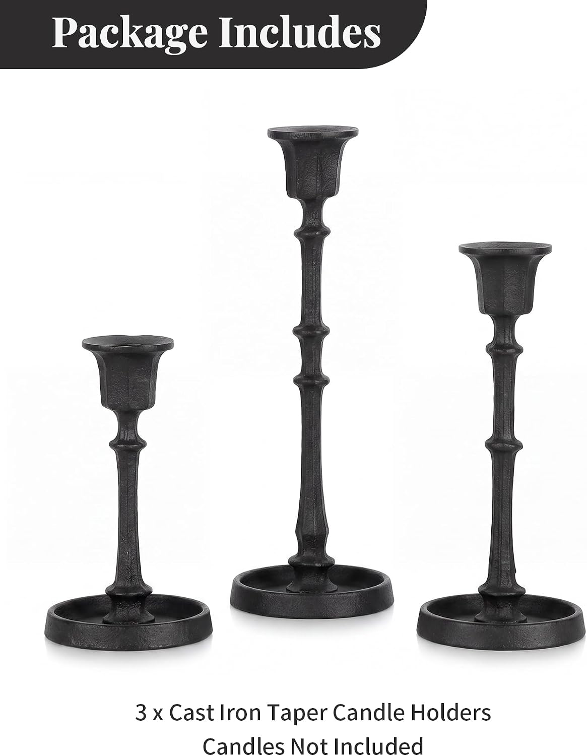 NUPTIO Black Taper Candle Holders: Set of 3 Vintage Cast Iron Candlesticks