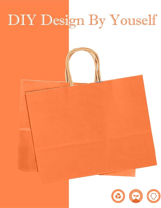 qiqee 100PCS Large Gift Bag with Handles Bulk 13"x4.5"x10" Gift Bags Kraft Orange Multiple Uses (32x11x25cm,Wide Large)