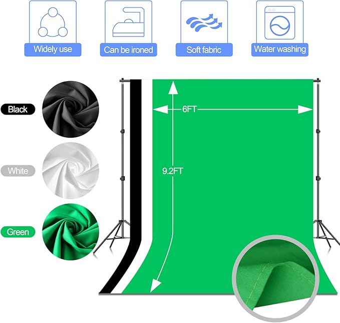 EMART Photo Video Studio Backdrop Stand Kit, 7×10ft Adjustable Photography Support System with Polyester Background(Black/White/Green Screen), Spring Clamps and Carry Bag for Photoshoot (3Pcs)