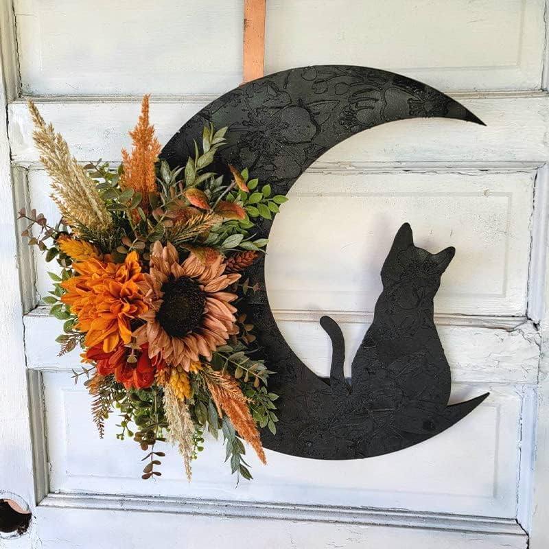 halloween wreath, cat moon decor, fall door hanger, package contents
