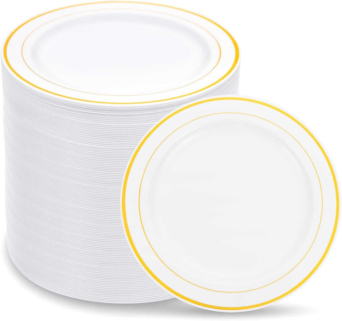 WELLIFE 144Pcs Gold Dessert Plates, 7.5 Inch Plastic Appetizer plates, Heavy Duty plastic Party Plates, White and Gold Plastic plate for Party and Wedding