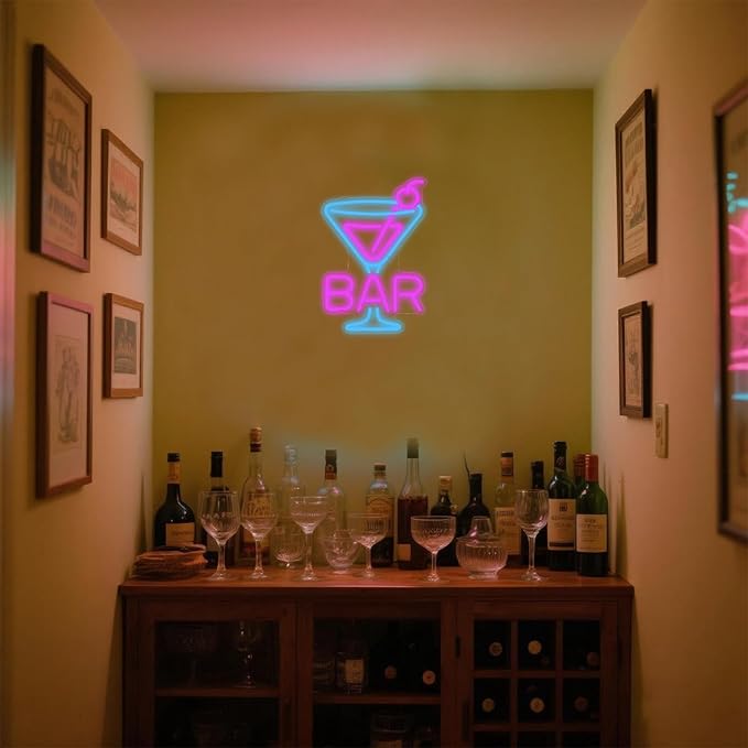Cocktail Neon Sign - Martini Glass LED Bar Light, Retro Home Pub Wall Art, Dimmable Bar Decor, Gifts for Bartenders & Cocktail Lovers