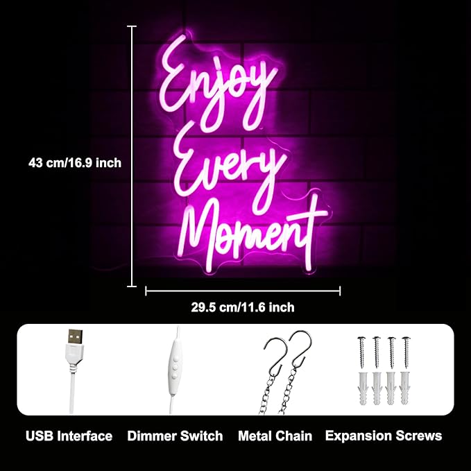 Enjoy Every Moment Neon Sign Pink Letter LED Sign Words Neon Light Up Sign Enjoy Neon Signs for Wall Decor LED Neon Lights Signs for Bedroom Bar Restaurant Salon Party Decor