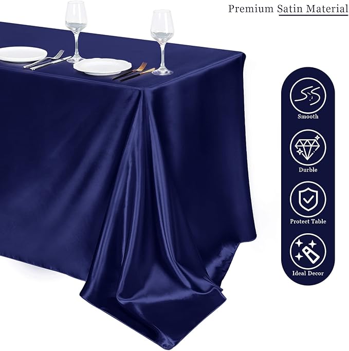 TURSTIN 4 Packs Satin Tablecloth 102 x 58 Inch Overlay Satin Table Cover Rectangle Bright Silk Tablecloth Smooth Fabric Table Decoration for Wedding Banquet Party Events, Navy Blue