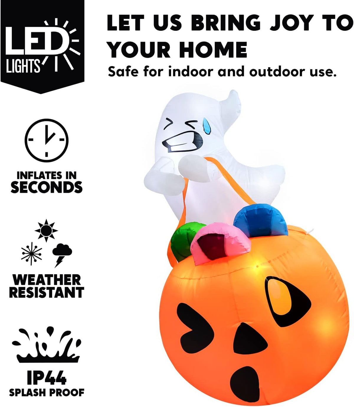 Joiedomi 5 FT Tall Halloween Inflatables Outdoor Decorations, Inflatable Cute Ghost Halloween Decor Outdoor, Blow Up Ghost Lift Pumpkin Candy Bag with Build-in LEDs for Yard Decorations