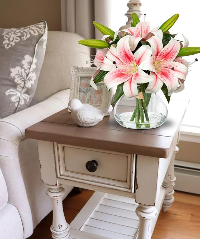Artificial Flowers Tiger Lily Real Touch with Vase Easter Lily Pink Lilies Silk Faux Flowers Arrangements in Glass Vase with Faux Water Easter Decor Fake Floral Bulk Bouquet for Office Home Decor