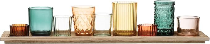 Creative Co-Op Round Glass Votive Holders on Wood Tray, Yellows & Greens, Set of 9