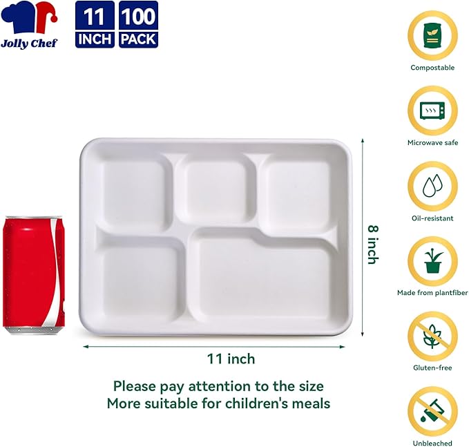 JOLLY CHEF Compostable 𝟱 Compartment Paper Plates 𝟭𝟭 * 𝟴 𝗶𝗻𝗰𝗵 [𝟭𝟬𝟬 𝗣𝗮𝗰𝗸] Heavy Duty White Divided Disposable Plate Eco-Friendly Biodegradable Containers Food Tray for Party Lunch Buffet (100 Pack)