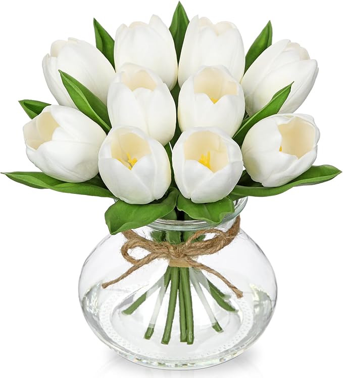 DILATATA Tulips Artificial Flowers in Vase White Fake Flowers Centerpiece with Glass Vase with Faux Water Faux Tulip Bouquet Floral Arrangement for Table Home Office Decor Wedding Thanksgiving