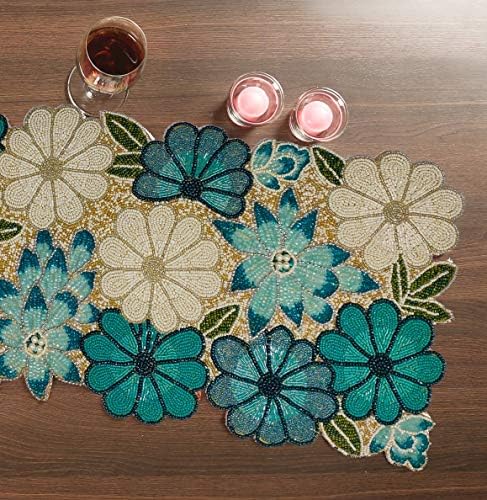 lightnpro Chrtistmas Beaded Table Runner, Christmas Table Runner, Rustic Farmhouse Hand Beaded Runner to Decorate Xmas Wedding Family Party Thanksgiving Dinner Table Décor - 13x36 Inch - Teal Combo