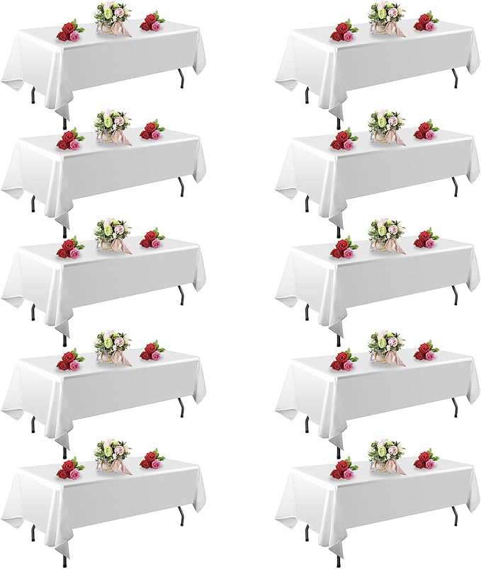 FINDYOU 10 Pack White Table Cloth Rectangle Table 60 x 102 Inch Tablecloths for 6 Foot Rectangle Tables. Stain and Winkle Resistant Polyester Washable White Tablecloths for Parties Wedding Dining