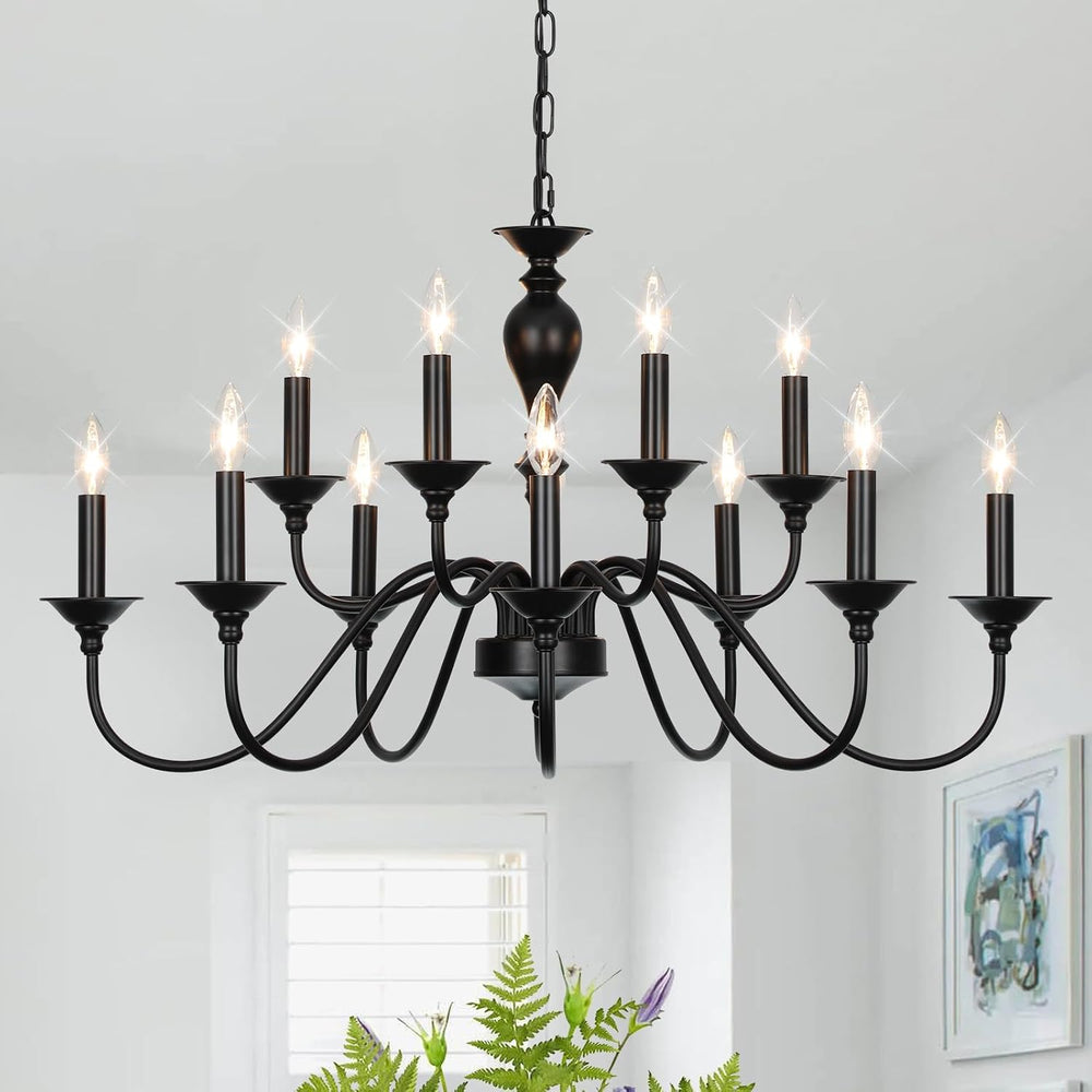 12-Light Black Farmhouse Chandeliers for Dining Room Light Fixture 37"