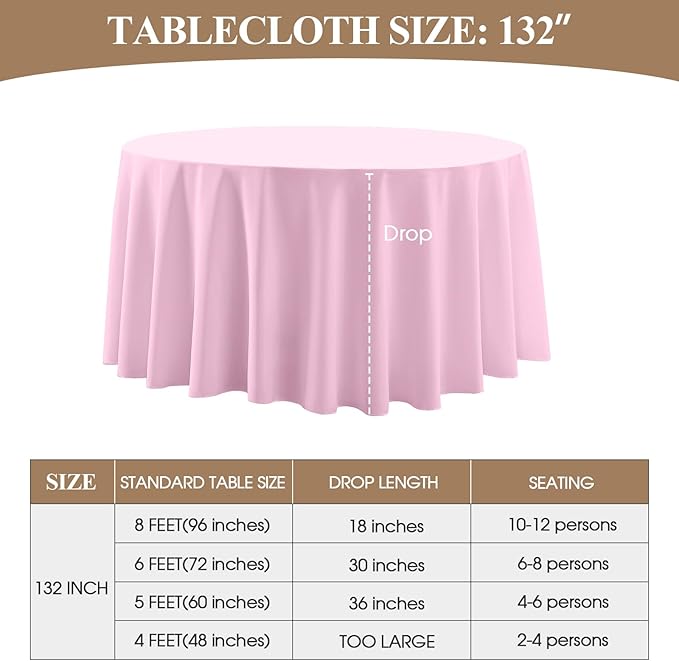 Round Tablecloth 132 Inch 2 Pack Pink Tablecloths Washable Decorative Linen Polyester Table Clothes Cover for Dining Table Banquets Buffet Parties and Wedding