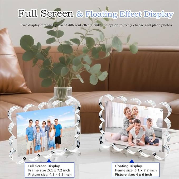 3 Pack 4x6 Inch Magnetic Acrylic Picture Frame,10+10mm Thick Block,Double Sided Clear scalloped frames for Desktop Display | Trendy Home Gift ((3 Pack), 4X6)