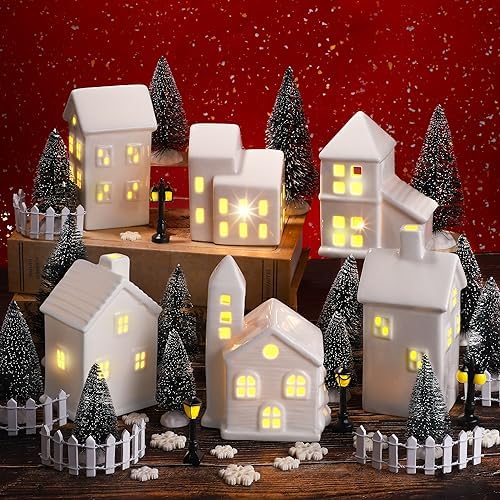 Fovths 39 Pieces LED Lighted Ceramic Winter Village Building Figurines and Accessories Desktop Ornament Set for Holiday Party Decor