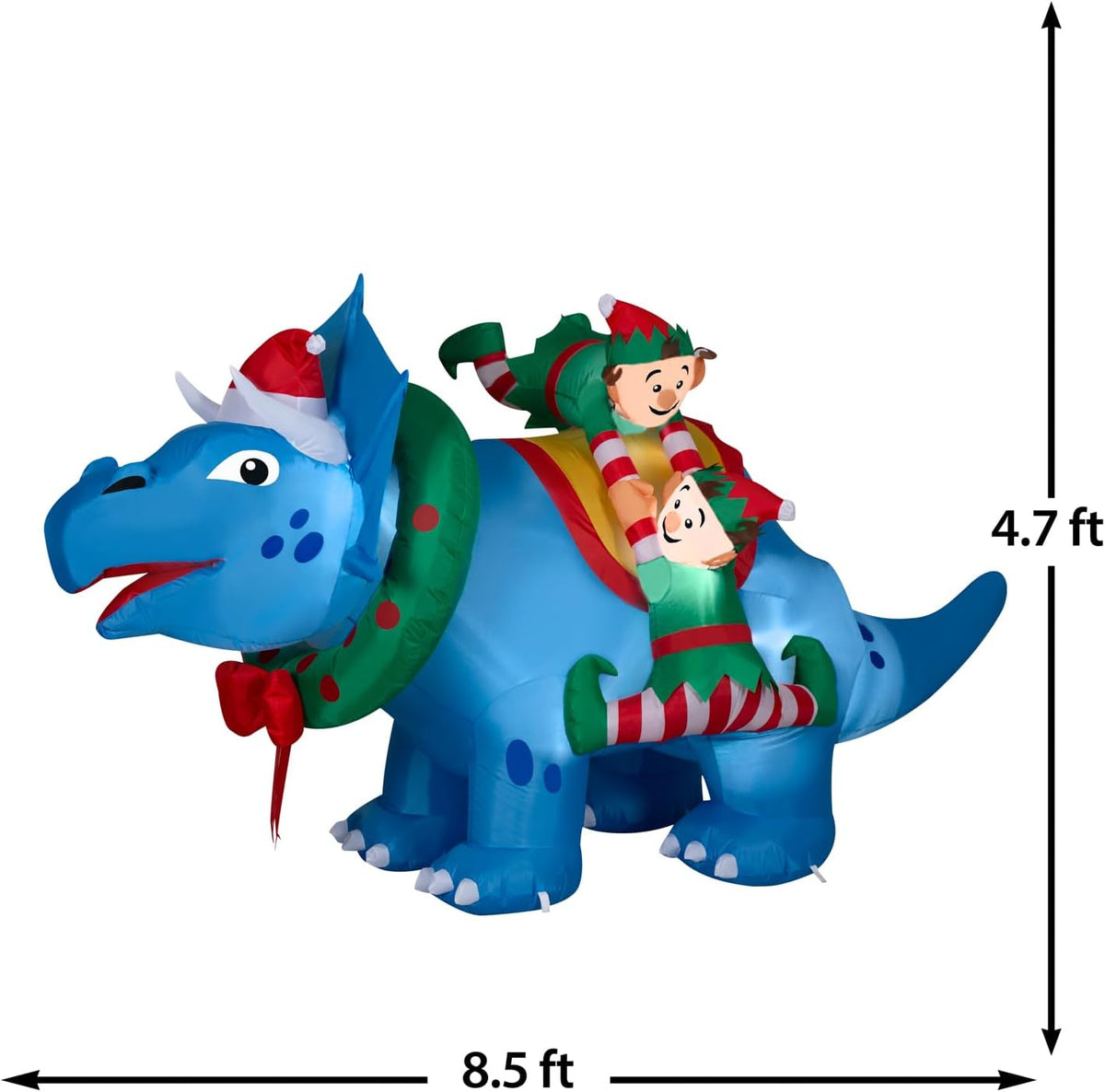 gemmy christmas inflatable triceratops with elves, 4.5 ft, close-up detail